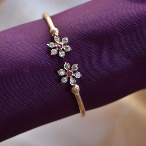 Premium Impon (Five-Metal) Dual Floral Open-Ended Bangle-Traditional Panchaloha Stone-Studded Adjustable Flower Bracelet