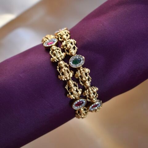 Divine Lakshmi Temple Antique Bangle - Traditional Copper-Brass Alloy with Multi-Stone Accents