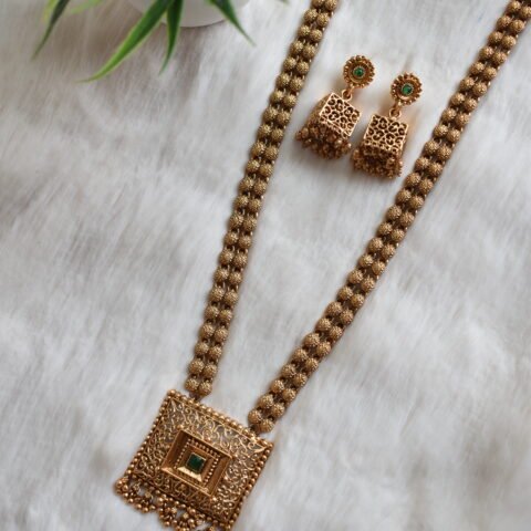 Antique Square Pendant Long Haram with Box Jhumkas