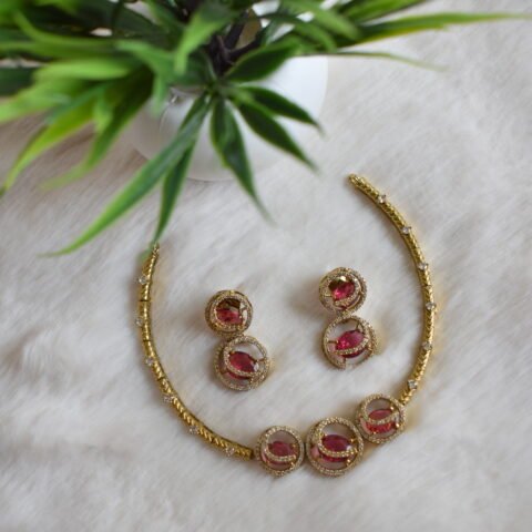 Gold Plated Ruby AD Circular Necklace