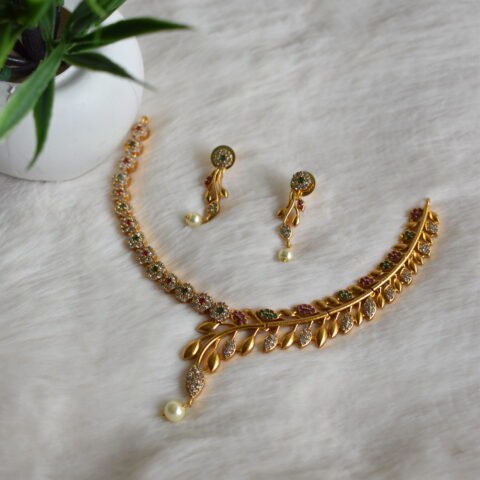 Gold Plated Multi-Stone Leaf Necklace