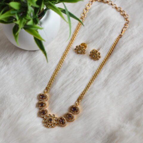Gold Plated Purple Stone Floral Necklace