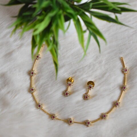 Gold Plated Ruby AD Floral Necklace Set