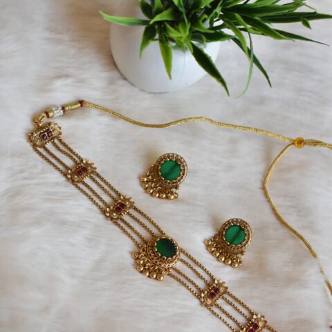 Antique Green Stone Multi-Strand Choker